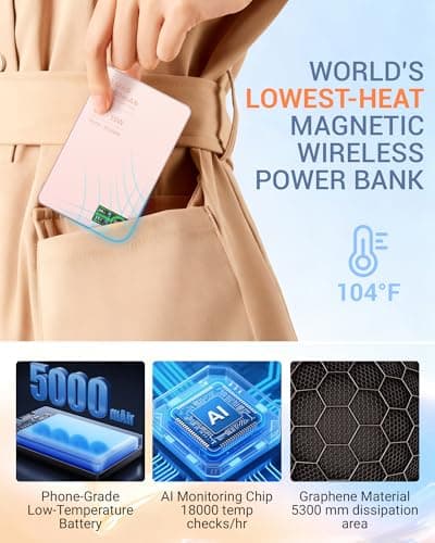 Portable Charger for Apple Watch & iPhone 17/16/15/14, 5000mAh 15W Fast Wireless Magnetic Power Bank with Built-in USB-C Cable, Ultra Slim 3-in-1 Mag-Safe Battery Pack with Smart LCD Display (Pink) - Thumbnail 3