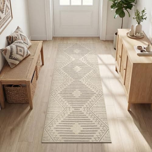 Boho Beige 2x6 ft Runner Textured Tufted Rugs for Hallway Kitchen Bedroom Entryway Long Non Slip-Carpet Washable Brown Neutral Modern Aztec Rug