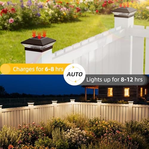 T-SUN Solar Post Cap Lights Outdoor 6 Pack, 2 Modes LED Fence Post Solar Lights Fit for 4x4 5x5 6x6 Vinyl/Wooden Posts, Waterproof Deck Post Lights Solar Powered for Garden Patio Gate Porch - Thumbnail 5