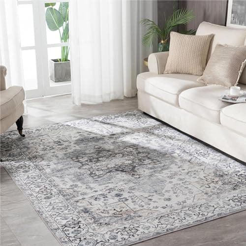 Syalife 9x12 Washable Area Rug, Ultra Soft Non-Slip, Low Pile, Stain Resistant Vintage Area Rug for Living Room, Boho Carpet for Bedroom, Dining Room, Office, Foldable Large Rugs, Grey/White