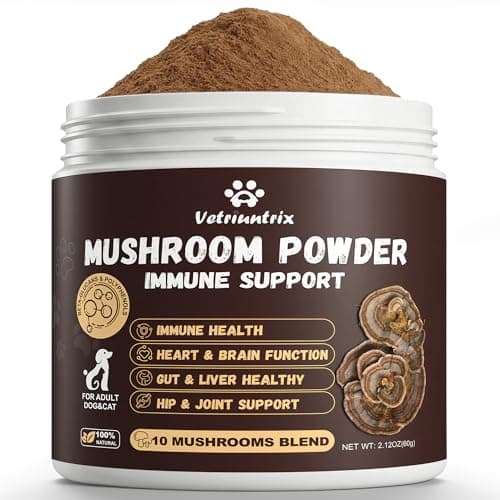 Vetriuntrix Turkey Tail Mushroom for Dogs, Organic 10 Mushroom Blend for Lipoma Lumps and Bumps, Dog & Cat Mushroom Supplements with 50% Beta Glucan, Joint Gut Immune Skin Support - 60g - Image 1