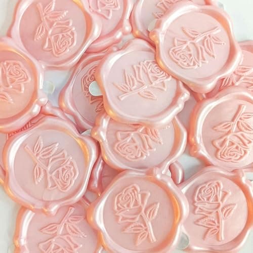 Pilloze 50 Pcs Adhesive Pink Rose Wax Seal Stickers, Rose Wedding Invitation Seal, Pink Rose Seals for Envelope, Easy to Use Rose Envelope Stickers with Good Adhesion