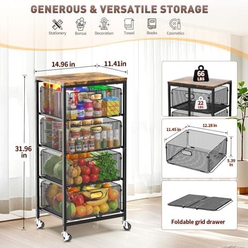 SUNALLY Rolling Kitchen Cart with Drawers, 4-Tier Utility Cart Fruit Vegetable Storage Cart with Lockable Wheels, Wooden Top Metal Kitchen Storage Organizer for Cans, Snacks, Beauty, Craft, Art, Black - Thumbnail 2
