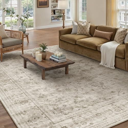 HUGEAR Washable 5x7 Area Rugs Retro Beige Living Room Bedroom Rug Vintage Distressed Non Slip Stain Resistant Low Pile Neutral Throw Carpet for Home Decor - Image 1