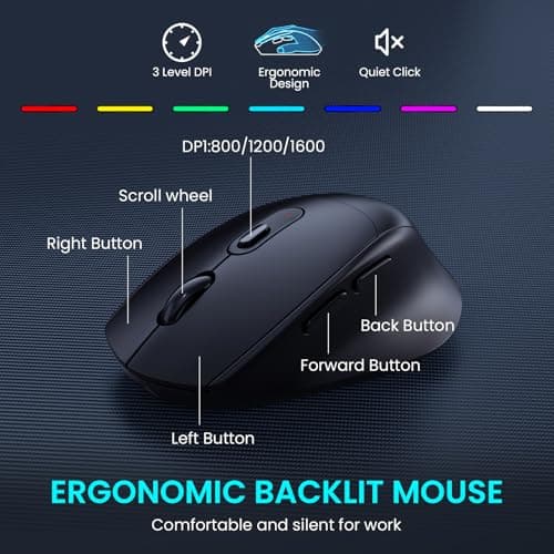 COLIKES Wireless Keyboard and Mouse Combo, Ergonomic Wave, 9 RGB Backlit Effects, Leather Wrist Rest, Rechargeable 2.4G Silent Set for Computer/Windows/Mac, Black - Thumbnail 5