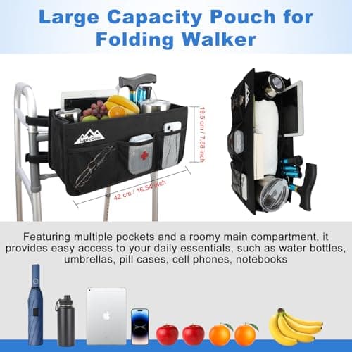 supregear Walker Basket, Foldable Walker Bag with Cup Holder, Storage Pouch with Large Capacity and Never Tipping Over, Hand-Free for Seniors Elderly, Not Fit for Rollator, Black - Thumbnail 6