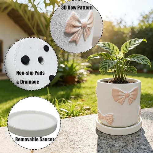 Giafiny Cute Pink Orchid Pot, Bow Decorative Succulent Planter for Indoor/Outdoor Plants, Hand Painted Pink Bow Cement Flower Pots with Tray/Drainage Hole for Home Room Decor - Thumbnail 4