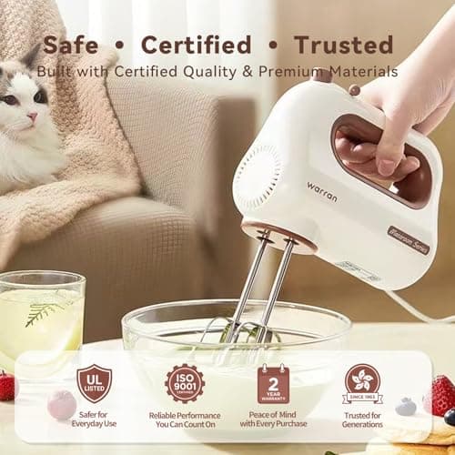 warran 300W Compact Lightweight Electric Hand Mixer, with Powerful Quiet DC Motor for Baking, Cake, Brownies, Cookie Dough, Ideal for Home Kitchen (White) - Thumbnail 3