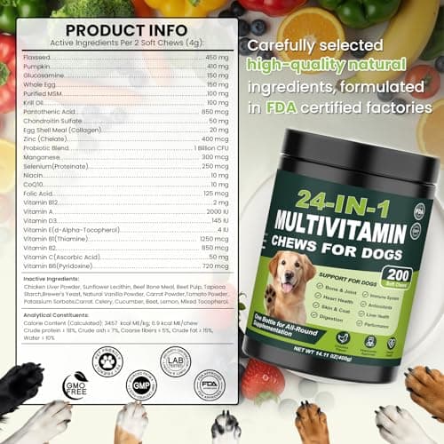24-in-1 Dog Multivitamins Chewable, 200 Count Dog Vitamins and Supplements with Glucosamine Chondroitin Probiotics Omega-3 for Skin Coat Hip Joint Heart Liver Brain Eye Support - Chicken - Thumbnail 6