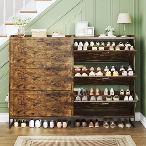 HUAHUU Shoe Cabinet with 3 Flip Drawers, Freestanding Shoe Storage Cabinet for Entryway with Adjustable Shelf, Hidden Wood Shoe Cabinets for Hallway, Living Room, Rustic Brown - Thumbnail 6