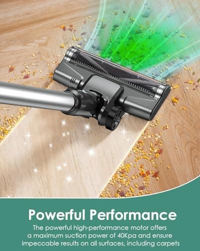 Cordless Vacuum Cleaner, 500W/40KPA Lightweight Stick Vacuum up to 40 mins Runtime, LED Display and Green Headlights, 6-Stages Filtration, Self-Standing Vacuum for Home Hard Floor, Carpet and Pet Hair - Thumbnail 3