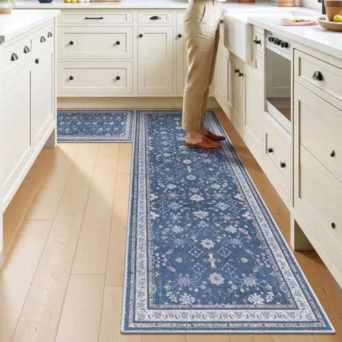 Ileading Kitchen Rugs Sets of 2 Non Slip, Washable Kitchen Mats for Floor with Rubber Bottom, Farmhouse Kitchen Carpet Runner Set for Office, Sink, Laundry, Navy Blue - Image 1