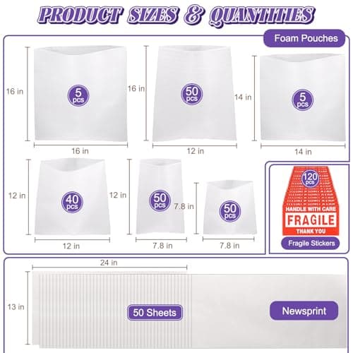 370 Pcs Foam Pouches & Packing Paper for Moving Supplies, 6 Sizes 200 Plate Packing Sleeves Wrap & Large 50 Newsprint Paper (24X13'') with 120 Pcs Fragile Stickers for Dishes Glasses Cup China - Thumbnail 2