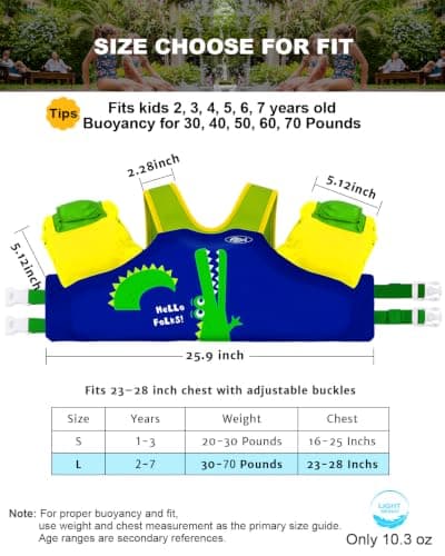 AEOCOO Puddle Float Jumper 20-30-50-60-70 Pounds, Toddler Swim Vest for 1-3-5-6-9 Years Old, Pool Floats with Swimming Arm Floaties Swim Jacket for Kids Swimmies, Boys, Girls, Niños, Crocodile - Thumbnail 2