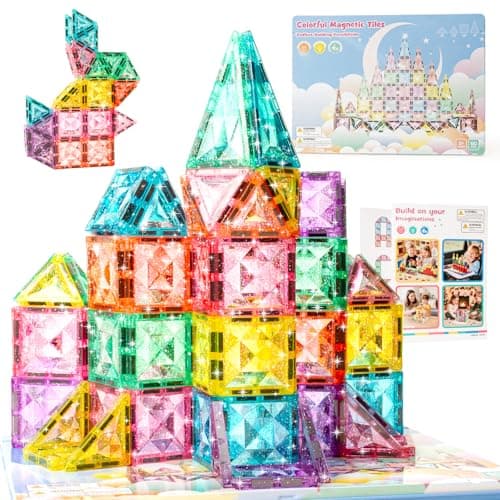 Magnetic Tiles Building Blocks for Kids Ages 3-8, Diamond Surface Travel Set with Metal Storage Box, 60PCS STEM Montessori Educational Learning Toys Gifts