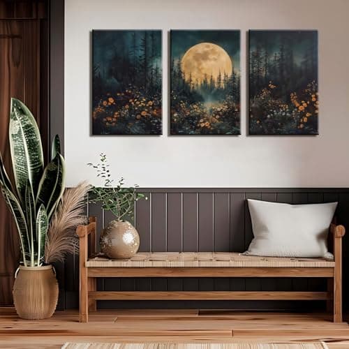 3Pcs Full Moon Forest Canvas Wall Art Nature Landscape Wildflower Wall Decor Pictures Moody Dark Academia Forest Posters Prints for Gallery Bedroom Living Room Home Decoration 16x24in - Thumbnail 2