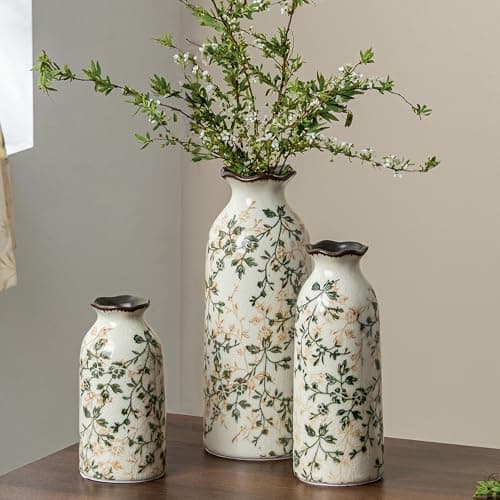 Ceramic Vase Set of 3, Vintage Green & Beige Chinoiserie Floral Vases, Rustic Grandmillennial Farmhouse Decor for Living Room, Kitchen, Bedroom - Image 1