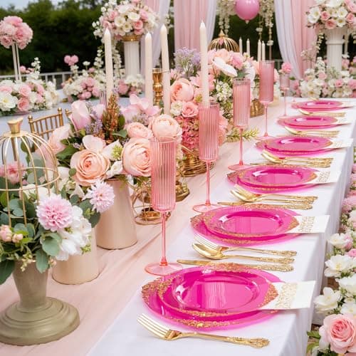 Joyido 102PCS Clear Hot Pink Plastic Plates - Pink Disposable Plate with Gold Rim - Hot Pink Party Plates Include 51PCS 7.5inch Dessert & 10.25inch Dinner Plate for Wedding Birthday Party Mother’s Day - Thumbnail 5