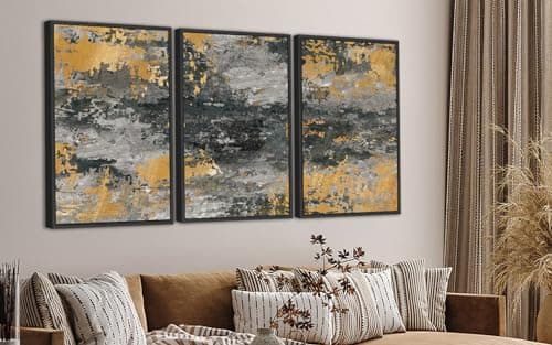ASDCEUTICALS Large Canvas Wall Art - Gray Green Golden Abstract Pictures for Living Room Vintage Wall Decor Retro Rustic Prints Black Float Framed for Bedroom Dinning Room 24" X 36" X 3 pcs - Thumbnail 4
