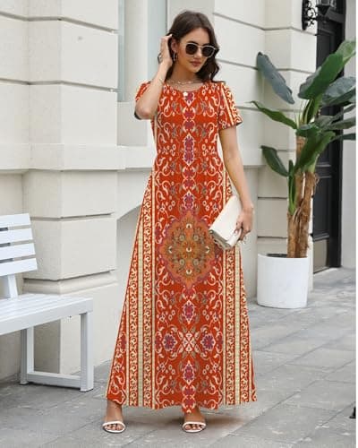 COSSEN Women’s Crewneck Short Sleeve Maxi Dress Red Boho Printed Medium with Pockets – Casual Loose Swing Sundress for Wedding Guest, Beach & Vacation - Thumbnail 4