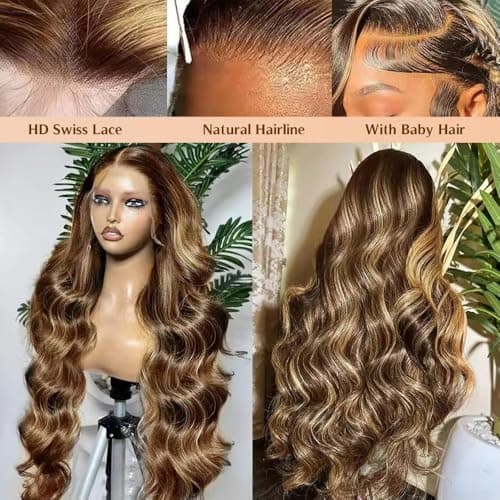 FFEGG 30 Inch Ombre Lace Front Wig Human Hair 13x4 Highlight Body Wave Wig Human Hair 4/27 Colored Honey Blonde HD Lace Frontal Wigs For Women Glueless Pre Plucked with Baby Hair - Thumbnail 4