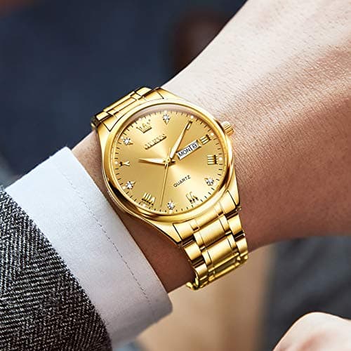 OLEVS Gold Watches for Men Luxury Wrist Watches for Man Waterproof Large Face Mens Watch Golden Stainless Steel Dress Dimond Day Date Simple Classic Analog Quartz Casual Relojes para Hombres - Thumbnail 2