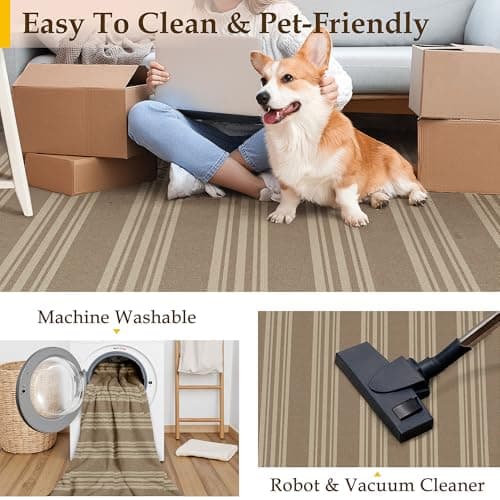 PureCozy Striped Easy Jute Rug 6x9 Khaki Living Room Carpet Washable Non Slip Bedroom Rug Farmhouse Neutral Non Shedding Indoor Outdoor Large Carpet for Dining Room Under Table Office - Thumbnail 5