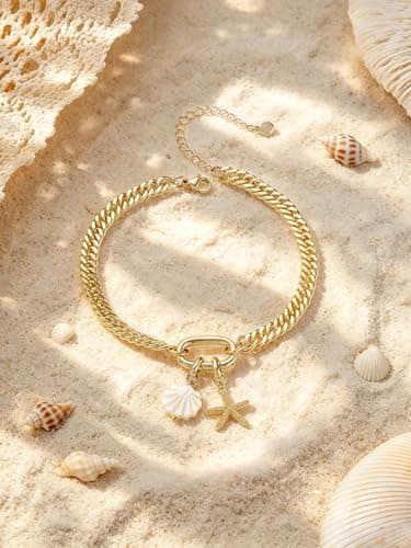 CTEEGN Anklets for Women Waterproof, 14K Gold Plated Anklet, Gold Ankle Bracelet for Women with Removable Starfish Seashell Charms, Cuban Link Anklet for Big Ankles, Non Tarnish Summer Beach Jewelry - Thumbnail 6