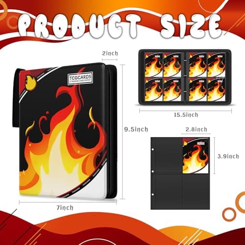 Trading Card Binder 4 Pocket, Card Binder 400 Pockels Card Book Holder Cards with 50 Removable Sleeves, 3-RingZip Design MTG/TCG/Sport Collectible Trading Card Albums Gifls for Boys and Girls (Fire） - Thumbnail 2