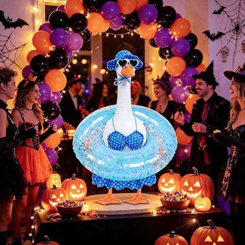 yuboo Hawaiian Porch Goose Outfits, 5 Pcs Summer Bikini Goose Outfit Fits 23 Inch Goose Statue with Sunglasses, Swimming Ring, Hat and Skirt for Pool Party Cement Garden Yard Decor - Thumbnail 4