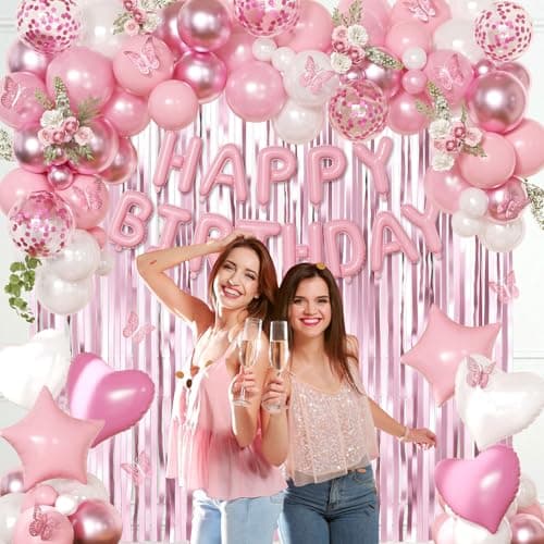 Pink Birthday Decorations for Women Girls, Metallic Pink Pearl White Confetti Foil Balloons Happy Birthday Banner Butterfly Fringe Curtains for birthday Party Supplies - Thumbnail 5