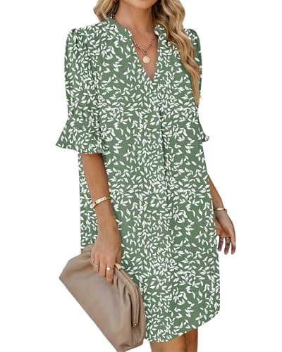 AUSELILY Vacation Dresses for Women V Neck Ruffle Short Sleeve Casual Shift Dress, Olive Green Leaves M - Image 1