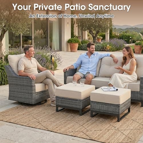 Domvaranique 6 Piece Patio Furniture Set with Fire Pit, Grey Wicker Outdoor Conversation Set with 2 Swivel Rocker Chairs, Sofa, 2 Ottomans and Rectangular 60,000 BTU Fire Pit Table for Porch, Deck - Thumbnail 5