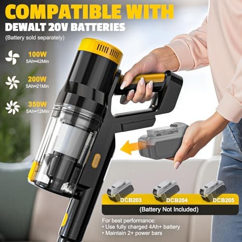 LIVOWALNY Cordless Vacuum Cleaner Compatible with DeWalt 20V Battery, 350W Brushless 40kPa Suction, 0.8L Dual Dust Cup, LED Floor Brush & 180° Flex Wand for Hardwood & Carpet (Battery Not Included) - Thumbnail 4
