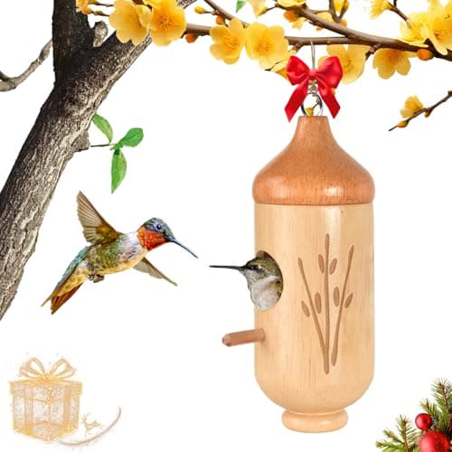 Hummingbird House, Solid Wood Hummingbird Houses for Outside-Exquisitely Handcrafted Birdhouse with Ribbon and String Hanging Kit, Durable Garden Decor, Perfect Gardening Gift(Style-F, 1 Pack)