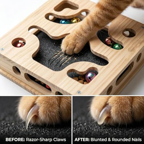 EIODEAR Cat Nail File Scratcher with 5 Sandpaper Pads, 4 Bell Balls, 8 Screw, Solid Wood Cat Scratch Puzzle Enrichment Box Nail Filer Box Toy to File Nails, Cat Treat Box for Treat-Motivated Cats - Thumbnail 5