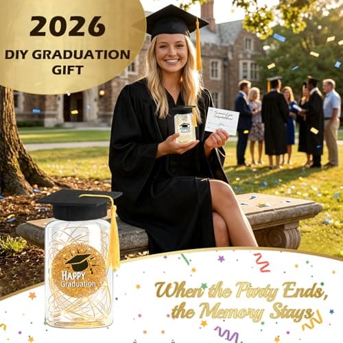 9 Pcs Graduation Centerpieces for Tables with LED Lights, Class of 2026 Graduation Tables Decorations, Mason Jar Style Table Decor with String Lights, Caps, Notes Cards, Stickers & Adhesive Spots - Thumbnail 4