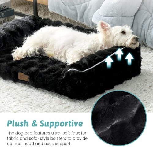 COZY KISS Faux Rabbit Fur Orthopedic Dog Bed, Dog Bed for Large Size, Supportive Foam Pet Sofa with Waterproof Lining Cover, Washable U-Shaped Pet Couch with Anti-Slip Bottom, Black L 36x27x6.5 inch - Thumbnail 4