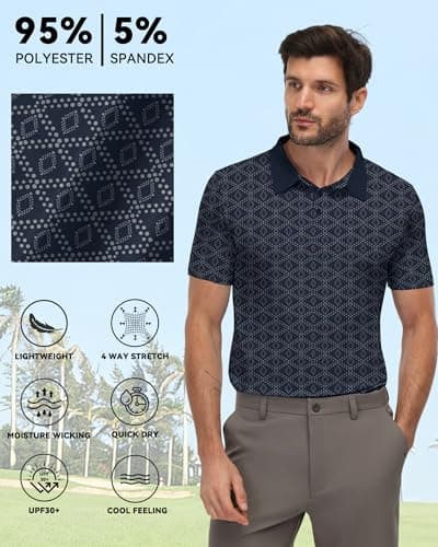KUYIGO Mens Golf Polo Shirts Dry Fit Performance Moisture Wicking Casual Print Collared Shirts M Dark Blue - Thumbnail 5