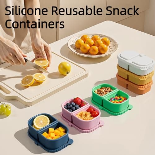DRNKNSTX 3 Pack Reusable Silicone Snack Containers with Lids, 8.5oz 2 Compartment Snackle Box Containers, Ideal Portable Small Snack Pack Containers for School, Office and Picnic (Blue, Pink, Yellow) - Thumbnail 2