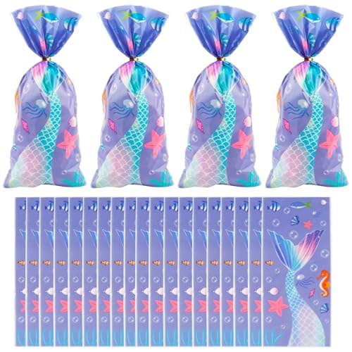 LERCTH 50 PCS Mermaid Gift Bags with Twist Ties - 4.9x10.7 Inch Treat Bags, Mermaid Tail Design Party Favor Bags for Mermaid Theme Party, Ocean Birthday, Summer Pool Party & Beach Events