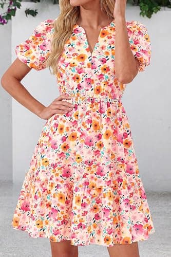 dowerme Women Summer Casual Dresses 2026 Puff Short Sleeve V Neck Floral Boho Midi Dress Flowy Ruffle Spring Sundress(Pink Flowers,Large) - Thumbnail 6