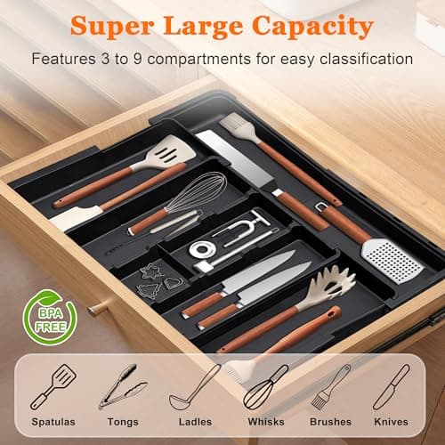 Spaclear Large Utensil Drawer Organizer Expandable Silverware Organizer for Kitchen Drawer Adjustable Cooking Utensil Holder Cutlery Flatware Tray Spatula Tools Gadgets Storage Dividers Plastic Black - Thumbnail 3