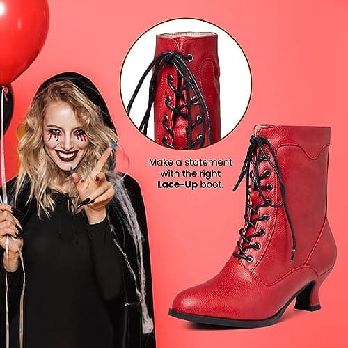 Yremael Women's Victorian Ankle Boots - Mid Calf, Round Toe, Chunky Heel, Lace Up Witch & Knight Boots in Red - Thumbnail 4