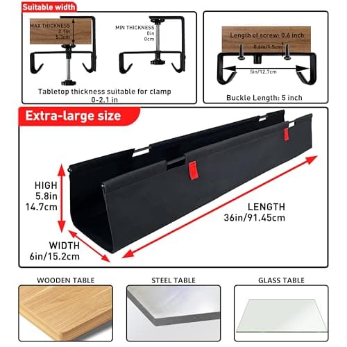 AHOMO,Under Desk Cable Management,No Drill 36",cord organizer,with Silicone Pads (No Scratch!)16 Cable Ties,Washable PE Honeycomb Base,Clamp/Screw Mount-Fits Any Desk 0-2.1",No Stinky Cardboard! Black - Thumbnail 4
