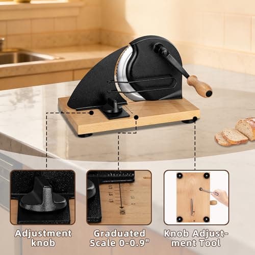 Manual Bread Slicer for Homemade Sourdough Bread Adjustable Thickness Bread Cutter with Hand Crank, Slicing Guide, Scale Line, Stainless Steel Blade & Suction Cups, for Perfect Even Slices (Black) - Thumbnail 3