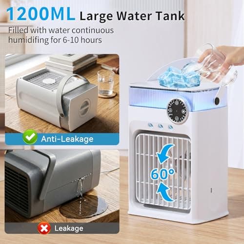YFFU Portable Air Conditioner with Remote Control,1200ml Evaporative USB Mini Air Cooler Conditioner RGB 8 LEDs, 3 Speed 3 Spray Mode,2-8H Timer Small Portable Ac Unit for Home Bedroom,Pearl White - Thumbnail 4