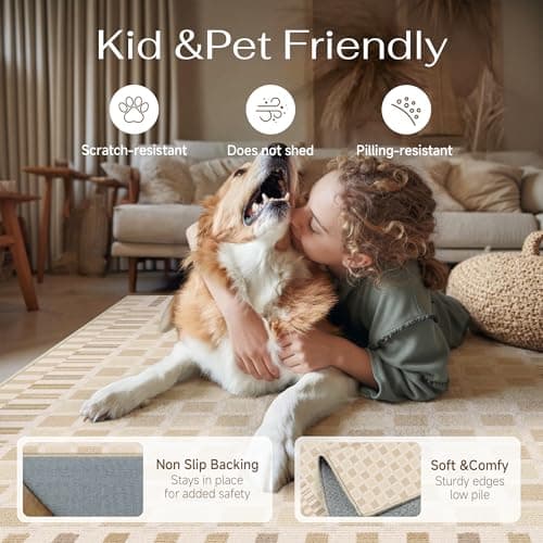 PureCozy Beige 8x10 Area Rug for Living Room Neutral Machine Washable Large Checkered Rugs Non-Slip Stain Resistant Low Pile Boho Accent Indoor Office Throw Carpet for Bedroom Playroom Nursery - Thumbnail 4