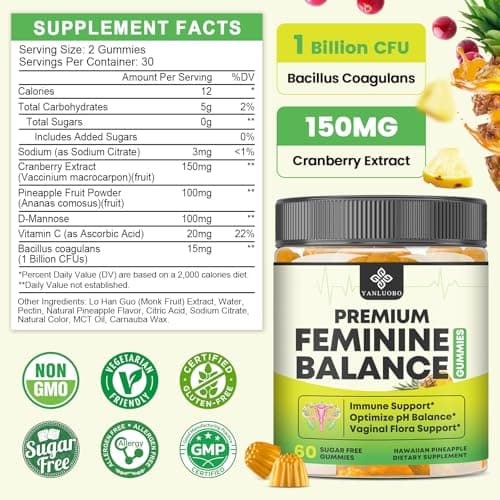 YANLUOBO Feminine Balance Probiotic Gummies - Women's Vaginal Health Support | PH Balance & Odor, Flora, Immune Support | Probiotics for Women, Vegan Pineapple Flavor, 60 Count - Thumbnail 2