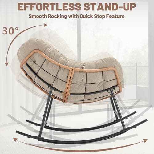 TEROL Outdoor Comfy Rocking Chair with Thick Cushion, Rattan Rocker Egg Chair Indoor with Straps, Patio Rocking Chair 450lbs for Garden, Backyard, Balcony, Lawn, Bedroom, Living Room (Beige) - Thumbnail 5